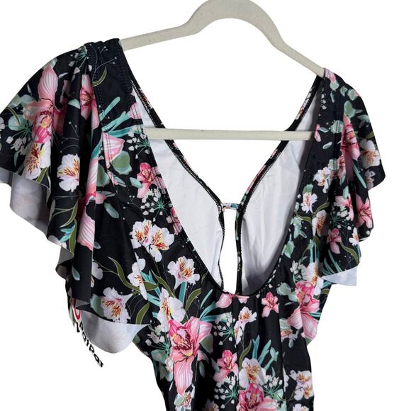 PatPat Floral Ruffle Sleeve Front Keyhole Cutout One-Piece Swimsuit Size Small - Picture 11 of 12